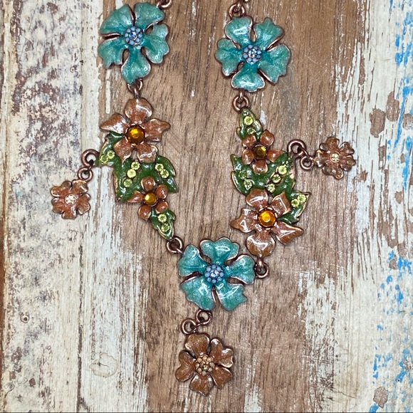 Vintage Enamel Flower Statement Necklace w Sparkly Crystals & Dangles - Picture 6 of 10
